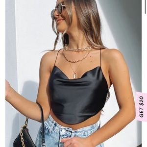 White Fox Satin Backless Cowl Neck Top — Size XS